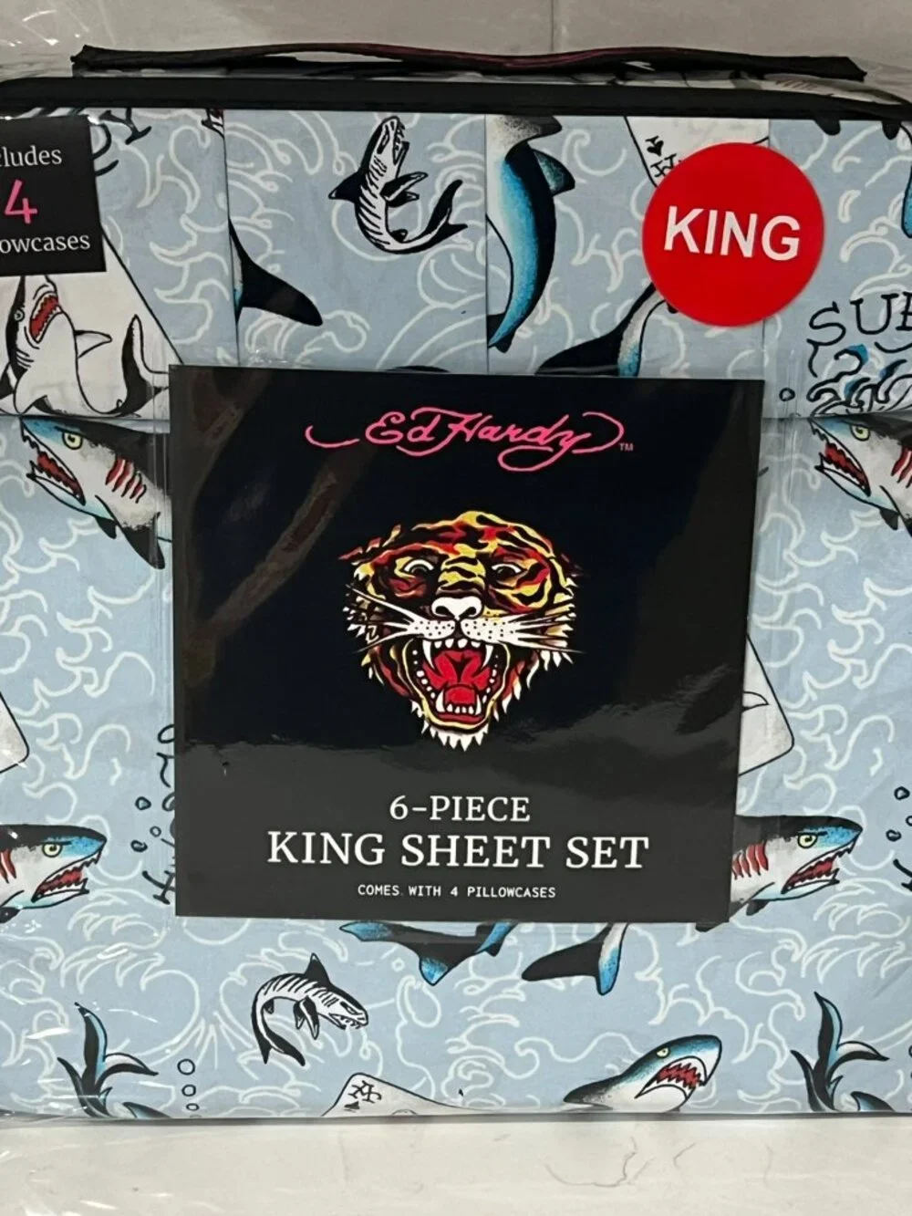 ED HARDY King Blue Sheet Set 6pc New Surf Shark Cards Tattoo Grunge Y2K Surfer
